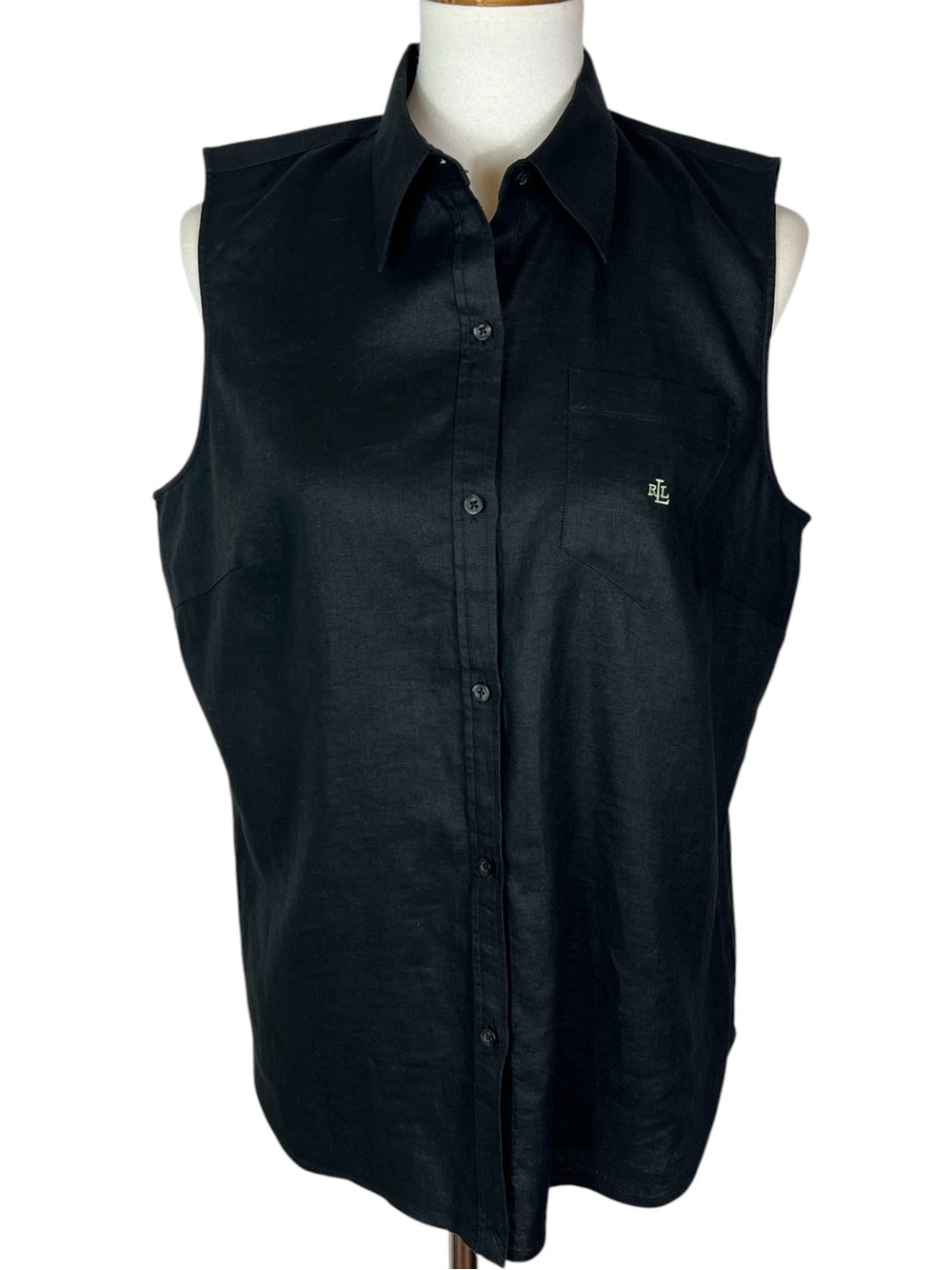 Lauren Ralph Lauren Black 100% Linen Sleeveless Button Front Shirt Size Large - Picture 2 of 9